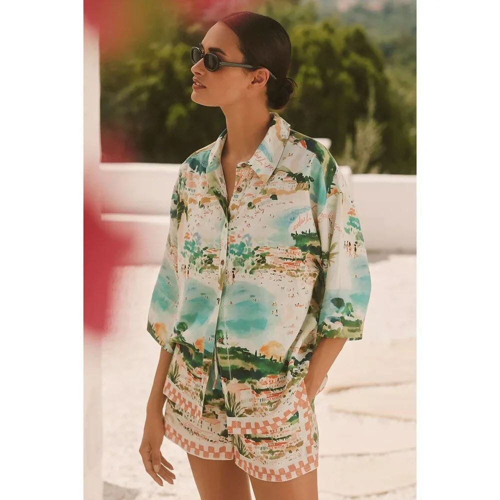 Anthropologie Celandine Linen Blend Printed Buttondown Shirt XL NWT